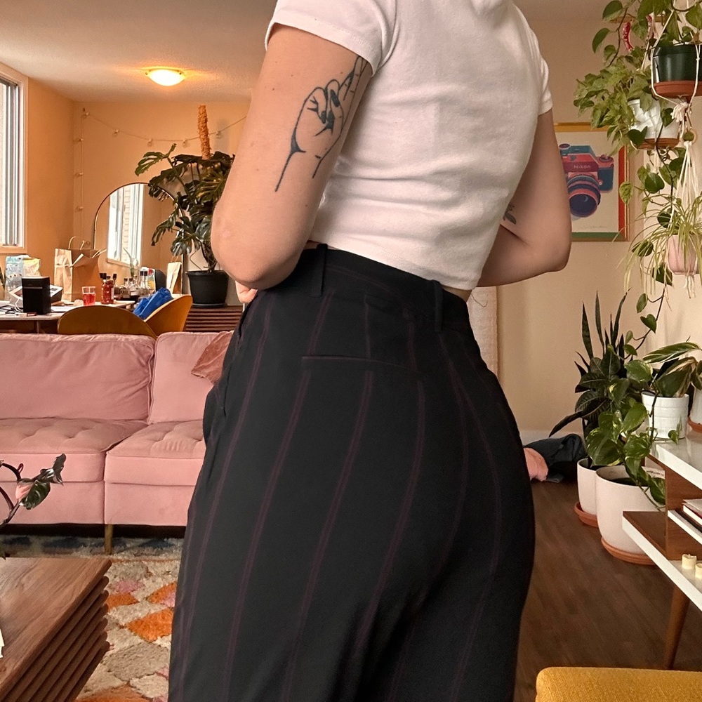 Black Frank & Oak trousers with pink and navy pinstripes
